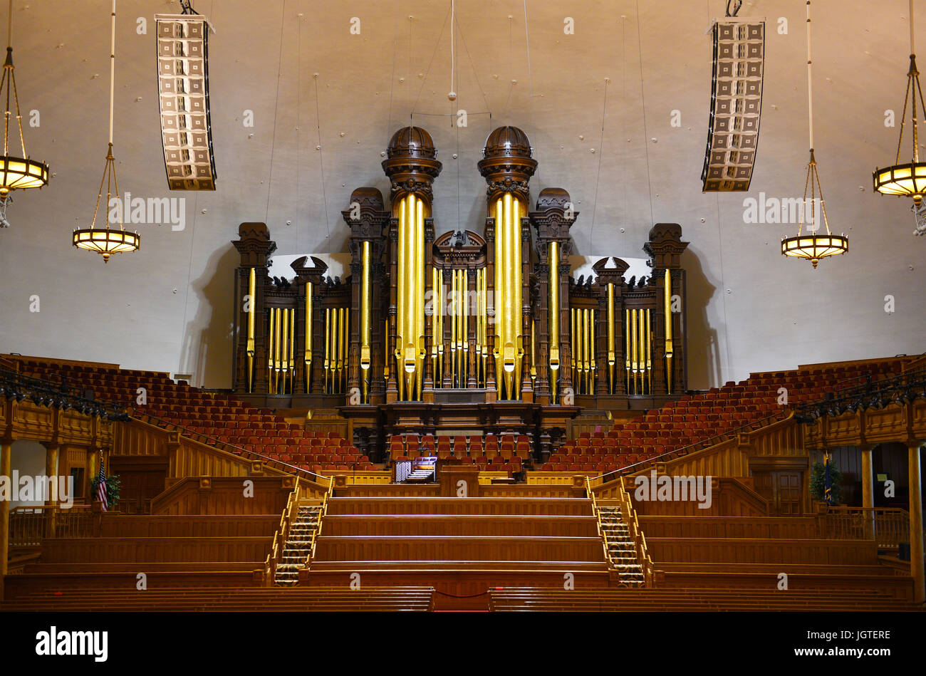 SALT LAKE CITY, UTAH - JUNE 28, 2017: Tabernacle interior. The pipe organ where the Mormon Tabernacle Choir practices and performs. Stock Photo