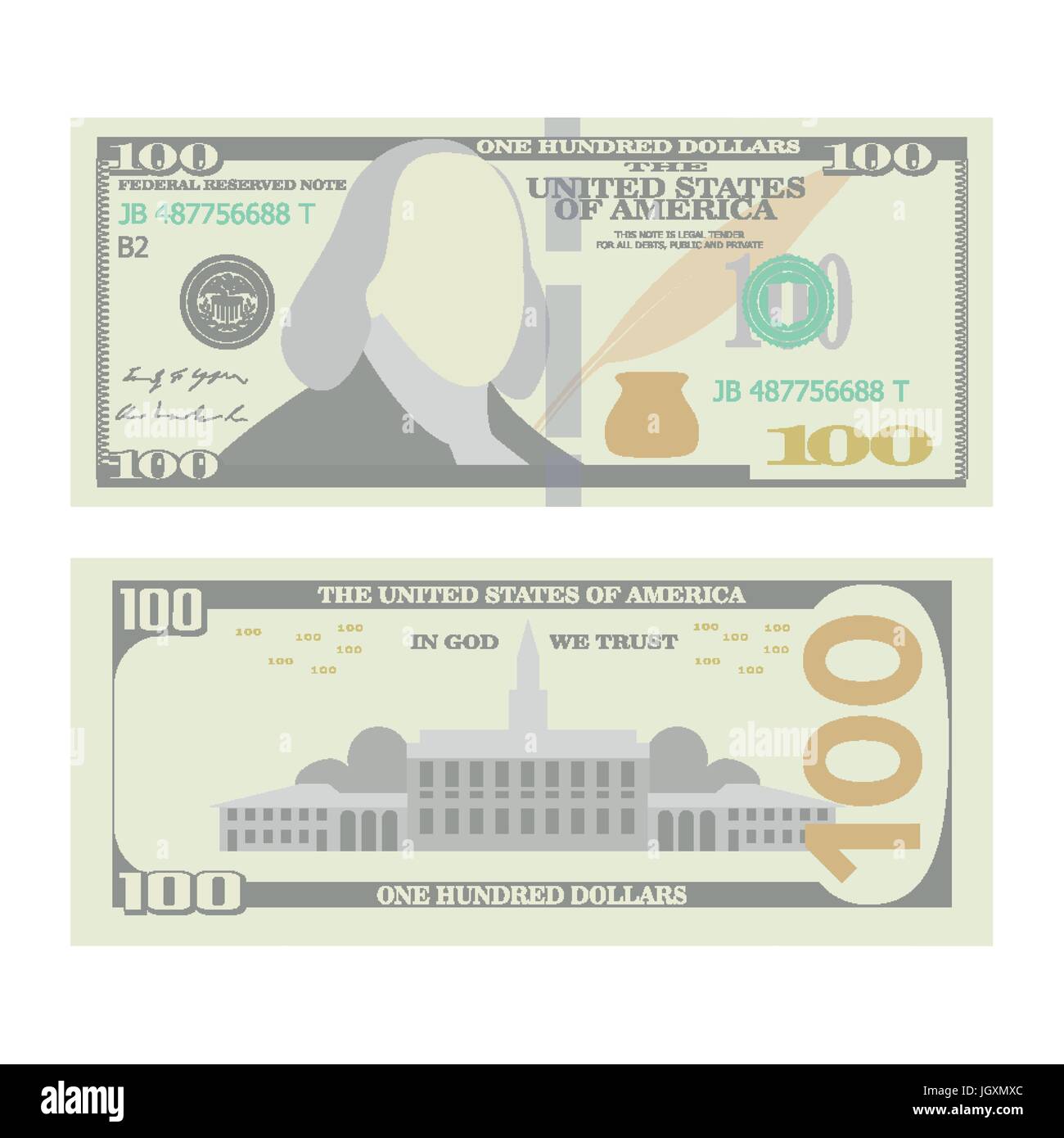 100 Dollars Banknote Vector. Cartoon US urrency. Two Sides Of One Hundred American Money Bill Isolated Illustration. Cash Symbol 100 Dollars Stock Vector