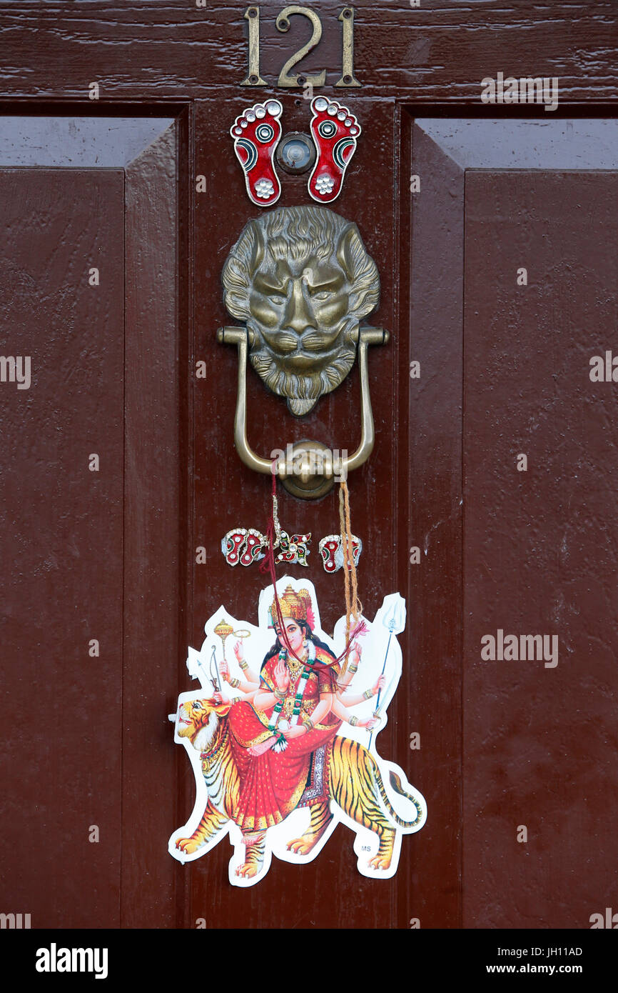 Hindu stickers on a house door in Leicester, U.K. United kingdom. Stock Photo