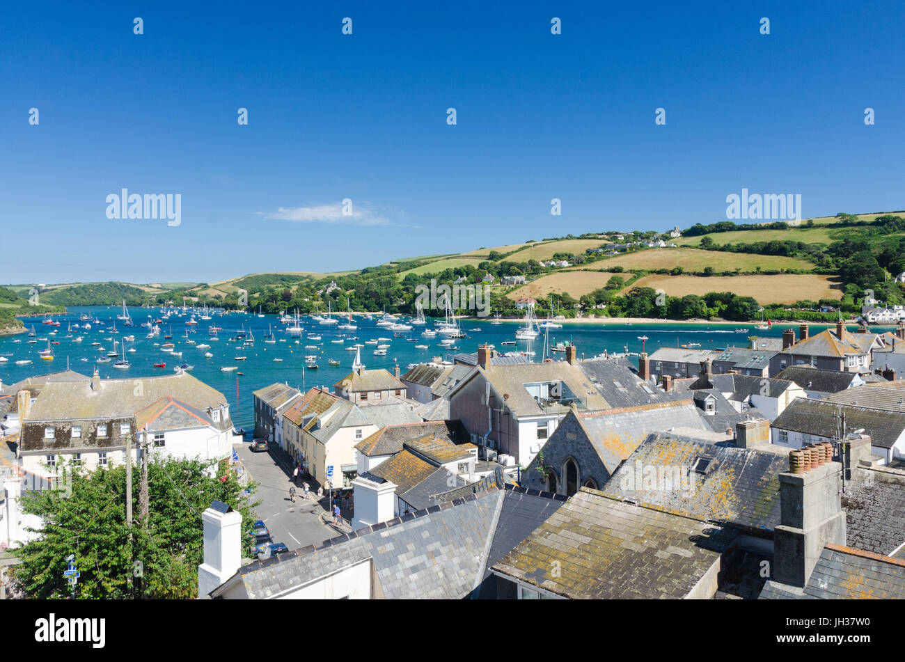 Looking over the rooftops of the Devon sailing town of Salcombe Stock Photo