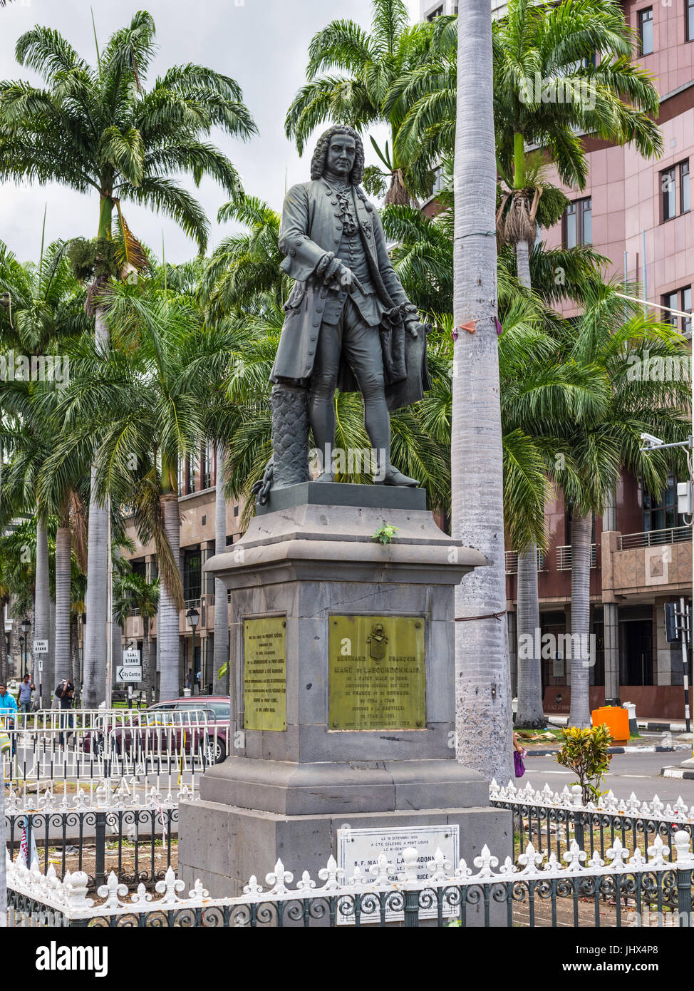 Port Louis, Mauritius - December 25, 2015: Statue of Mahe de la Bourdonnais, governor of the Island of France (now Mauritius) and the Island of Bourbo Stock Photo