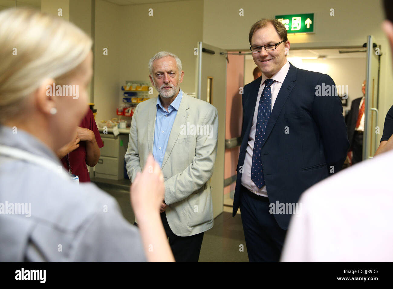 Labour leader Jeremy Corbyn visits the Royal Stoke University Hospital, accompanied by Gareth Snell MP (right), to see the A&E Department and discuss the &Acirc;£119m deficit the hospital is facing. Stock Photo