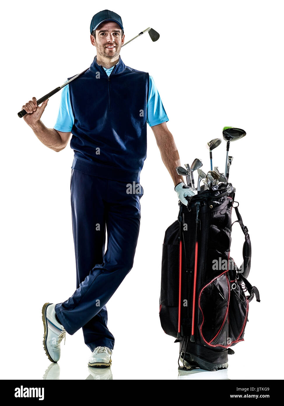 one caucasian man golfer golfing in studio isolated on white background Stock Photo