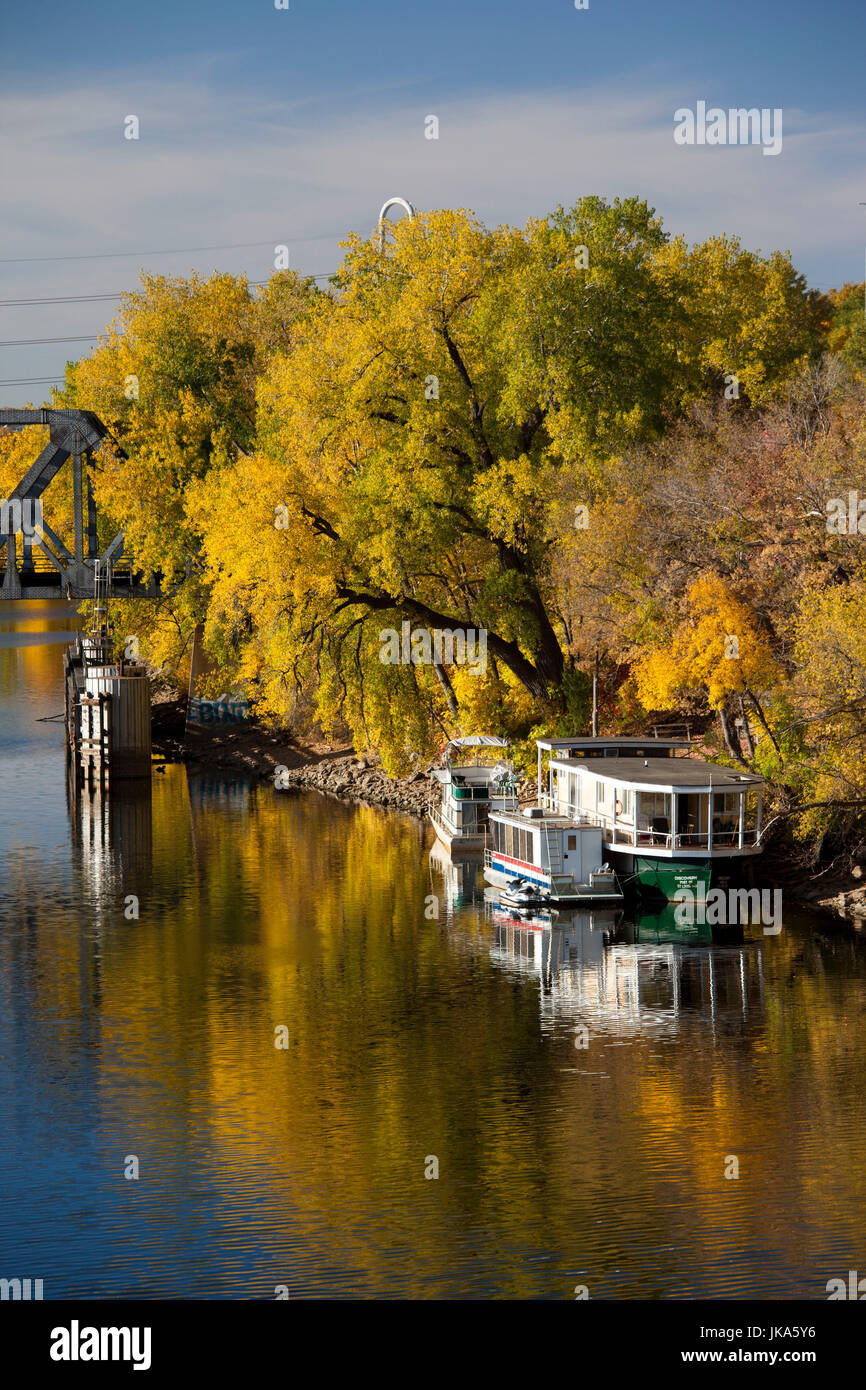 USA, Minnesota, Minneapolis, Mississippi River houseboats, autumn Stock Photo