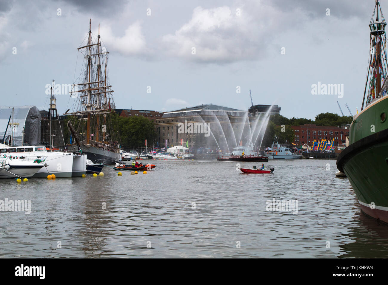 BRISTOL HARBOUR FESTIVAL: Former fireboat Pyronaut displays its powerful water cannon during the 2017 Bristol Harbour Festival. Stock Photo