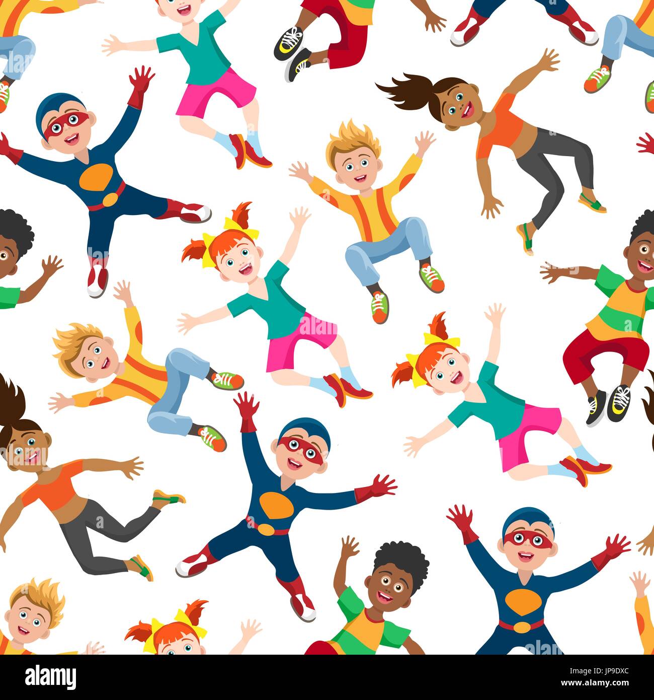 Cute happy kids seamless pattern, energy girls and boys background. Vector illustration Stock Vector