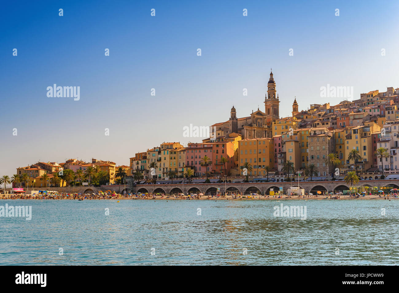 Menton beach and city skyline, Menton, France Stock Photo