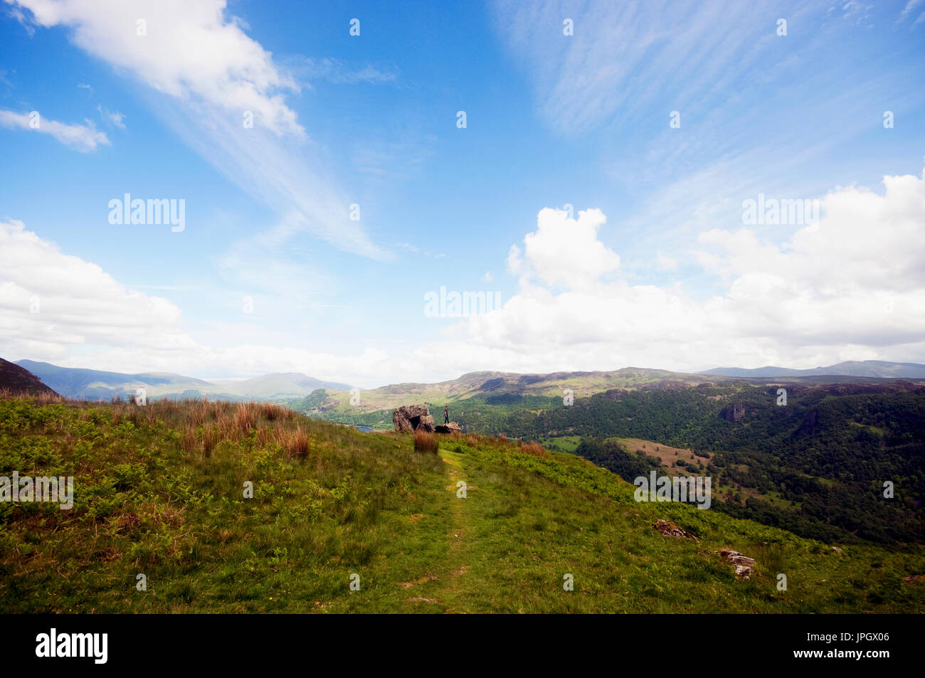 Hillwalking in the Lake District.  A view from Cat Bells looking over Derwent Water. Stock Photo