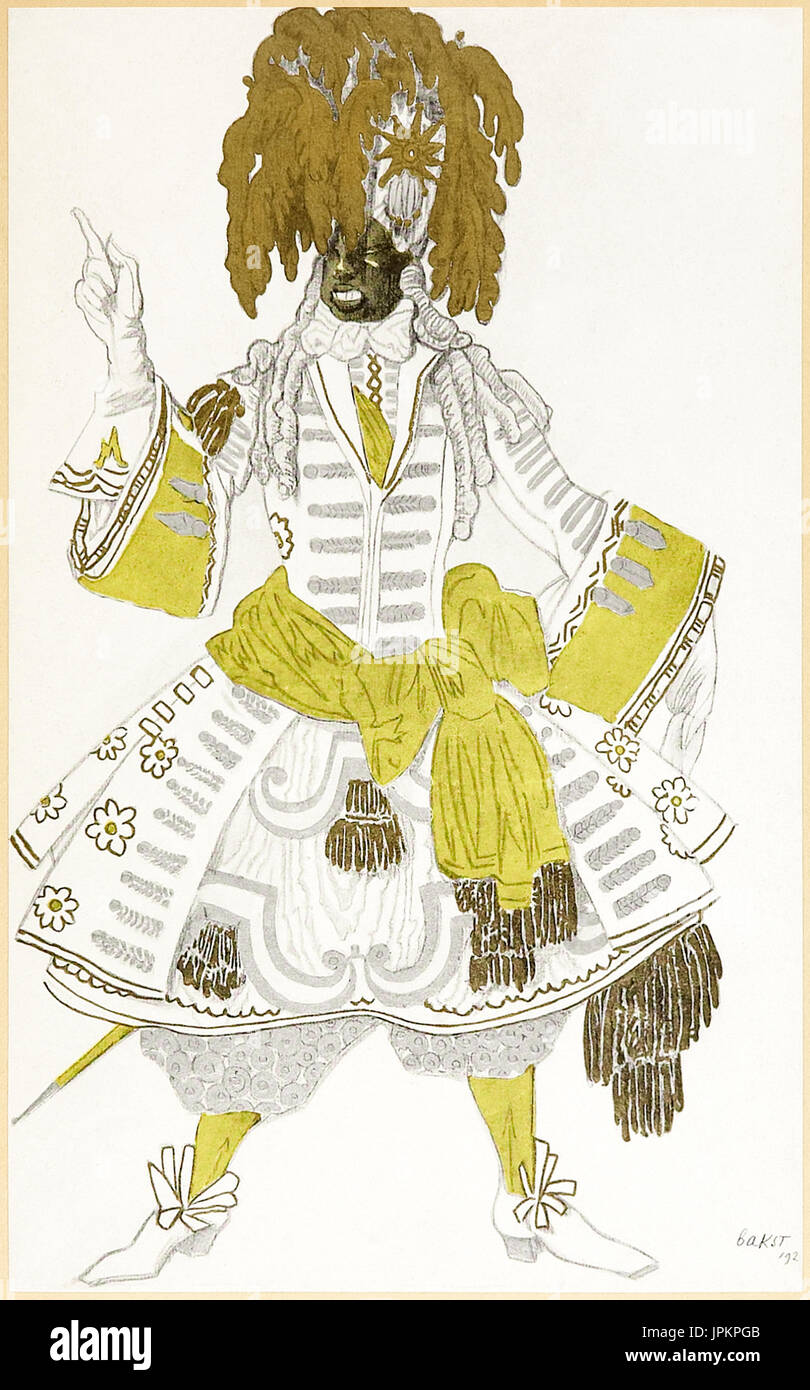 Black guard costume design from ‘The Designs of Léon Bakst for The Sleeping Princess’ a collection of Léon Bakst’s (1866-1924) designs for Sergei Diaghilev’s (1872-1929) 1921 London Staging of 'Sleeping Beauty' a ballet based after Charles Perrault‘s (1628-1703) fairy tale featuring the music of Tchaikovsky (1840-1893). See description below for more information. Stock Photo