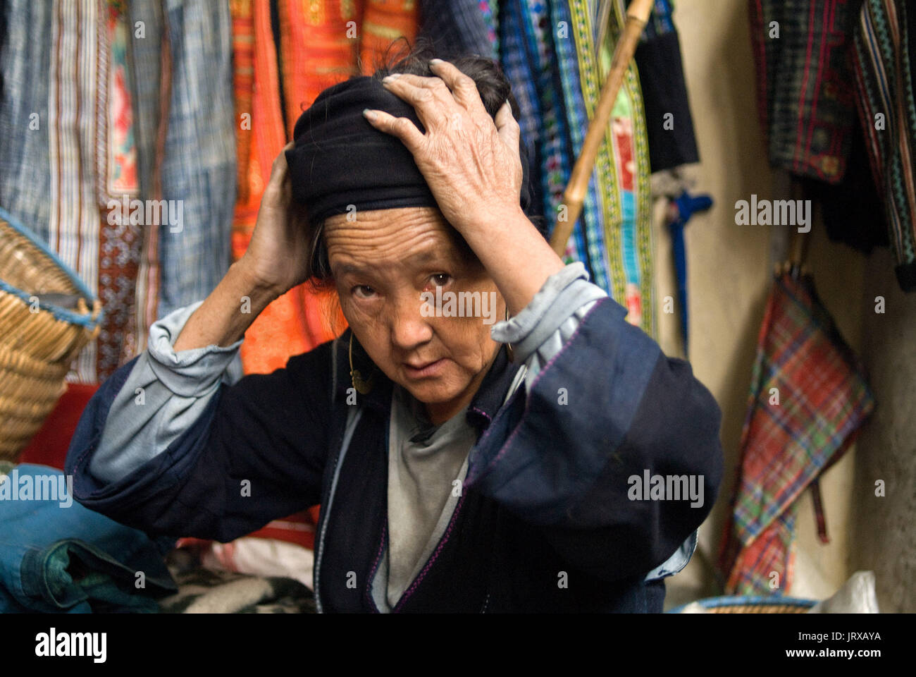 Portrait of a Black Hmong old woman in Sapa Vietnam. Lao Cai Province, Northern Vietnam Stock Photo