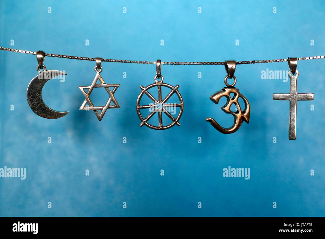 Symbols of Islam, Judaism, Buddhism, Hinduism and Christianity, Eure, France, Europe Stock Photo