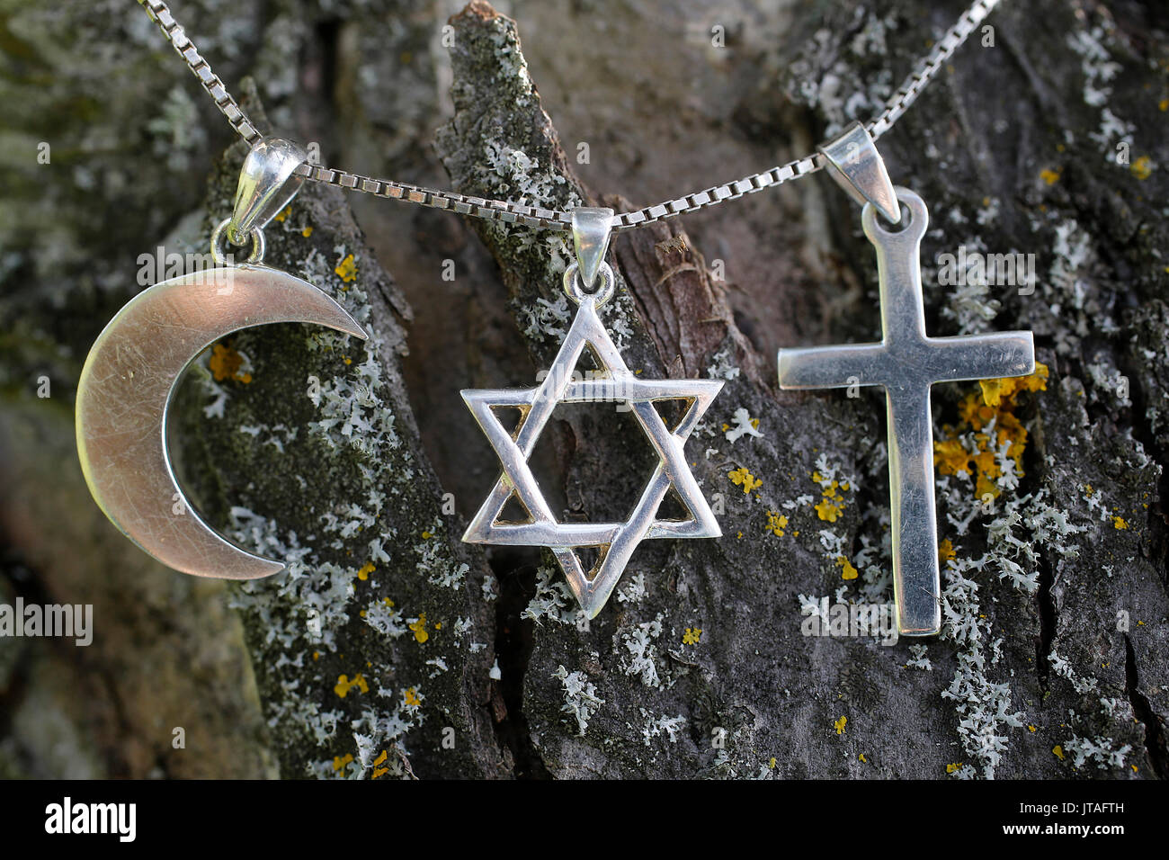 Symbols of Islam, Judaism and Christianity, Eure, France, Europe Stock Photo