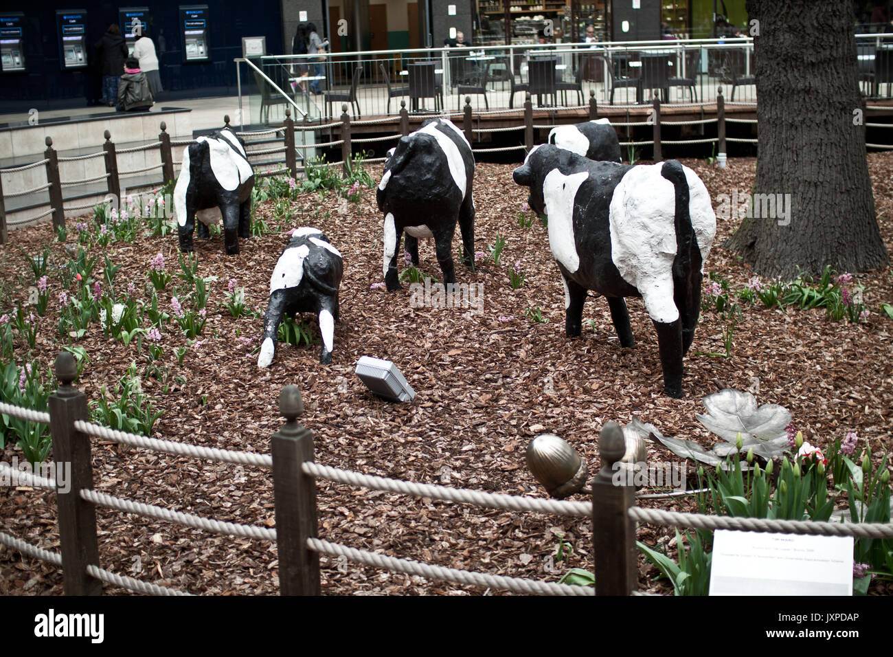 View of Concrete Cows on display at Midsummer Place shopping centre, Milton Keynes. Stock Photo