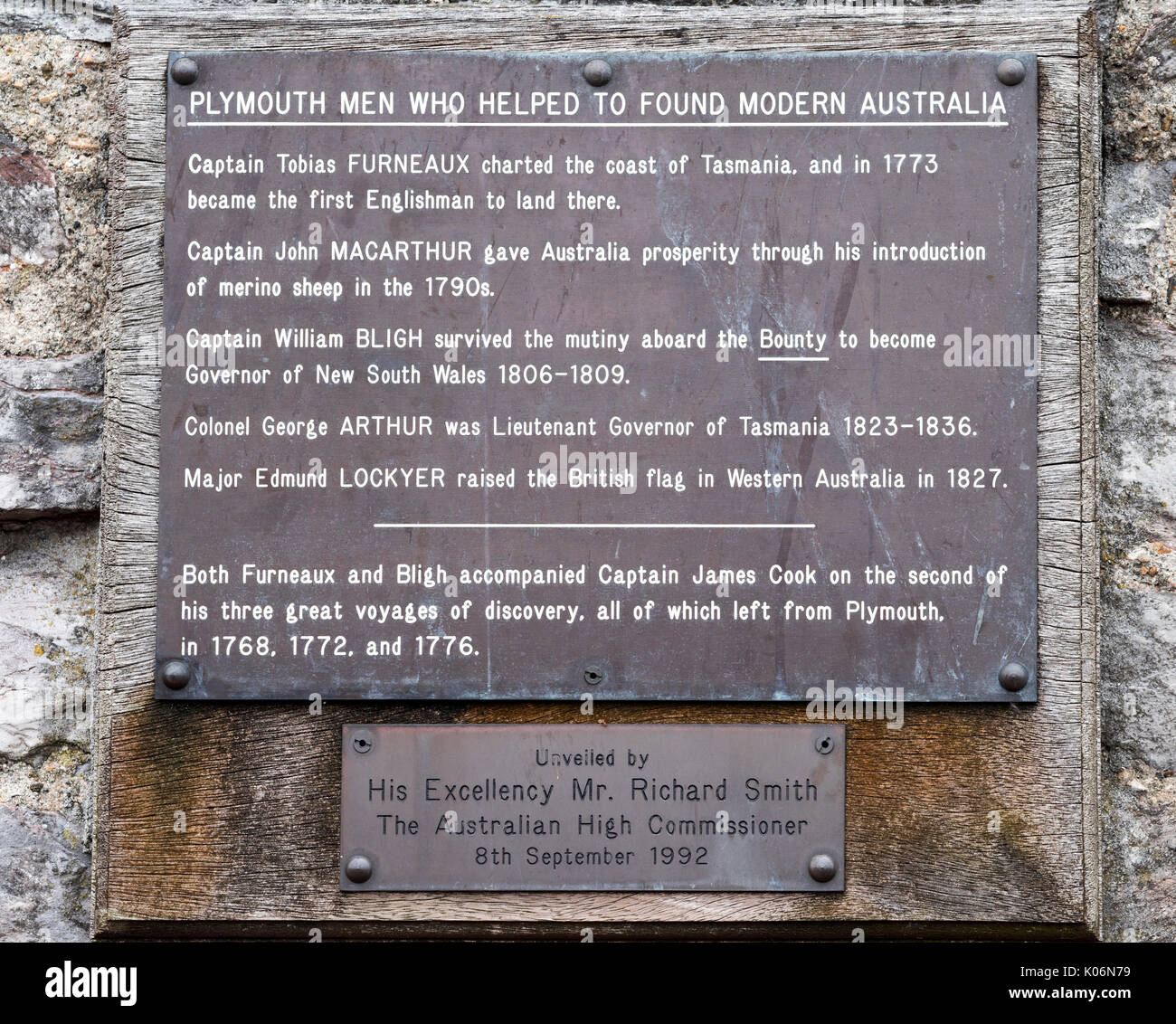 Plaque commemorating Plymouth men who helped to found modern Australia at Barbican, Plymouth, Devon, England, UK Stock Photo