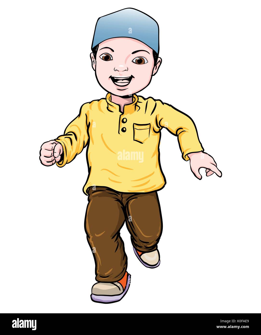 Happy Muslim boy make running. Brown trousers, yellow shirt. Flat cartoon style. Vector Illustration Stock Vector