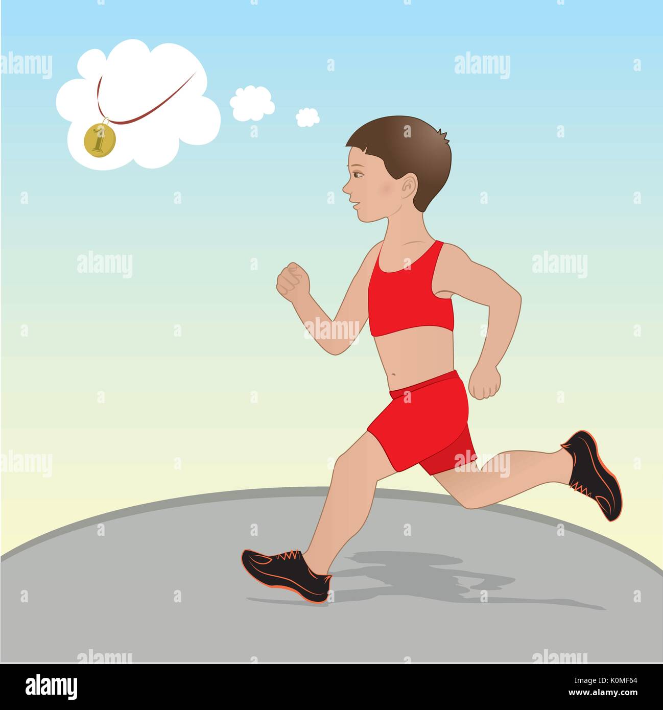 Vector Illustration Boy running and dreams of gold medal Stock Vector