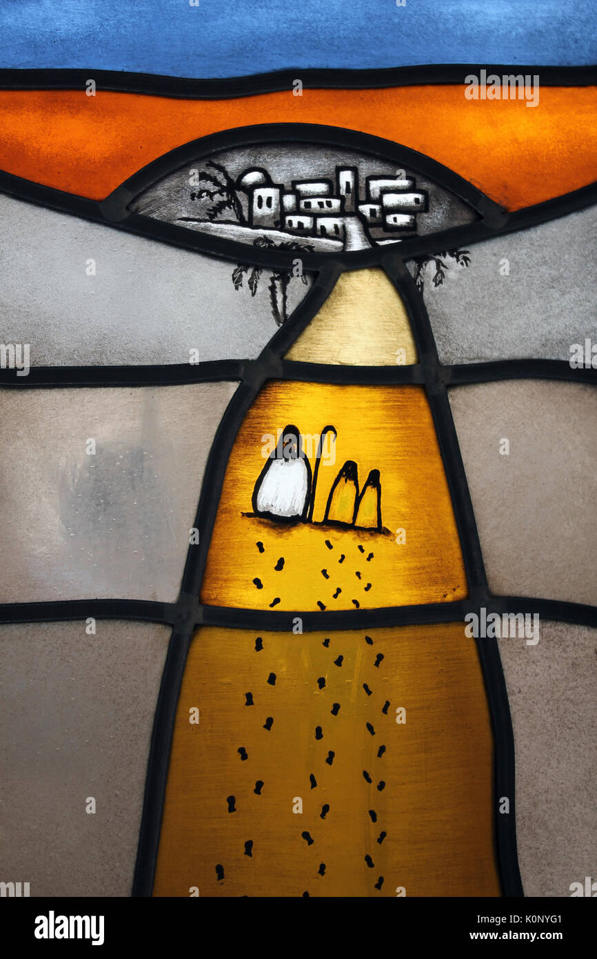 Modern Stained Glass Window depicting Three Wise Men Travelling to Bethlehem Stock Photo