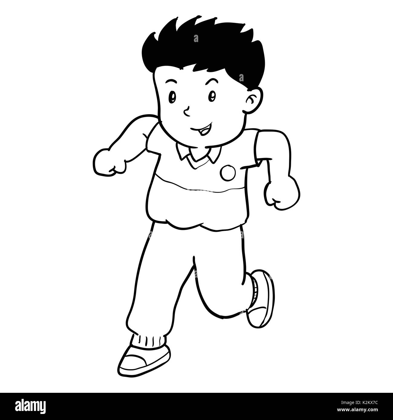 Hand drawing of boy runnin isolated on white background. Black and White simple line Vector Illustration for Coloring Book - Line Drawn Vector Stock Vector