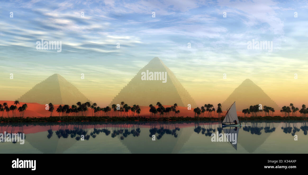 The Great Pyramids stand majestically over the Nile River running through the land of Egypt. Stock Photo