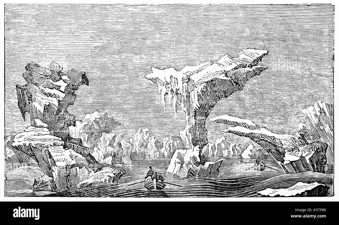 Ancient boat ventures among icebergs in the cold Arctic ocean. Horizontal graphic composition. Old Illustration by unidentified author published on Magasin Pittoresque Paris 1834 Stock Photo