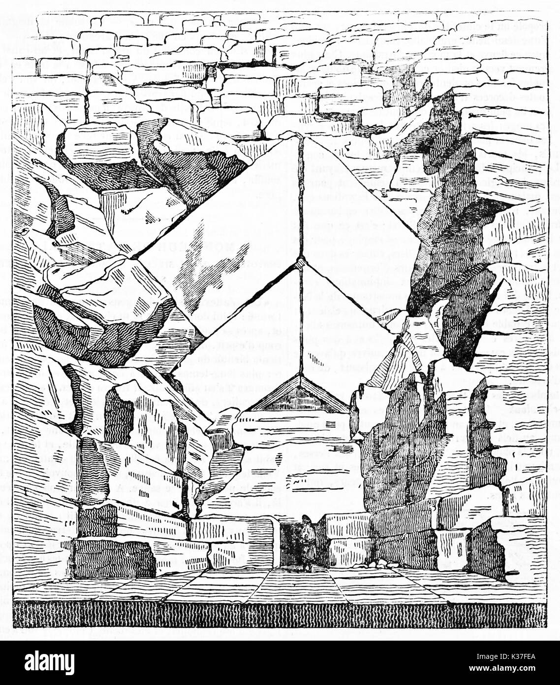 Ancient majestic view of the entrance of Great Pyramid of Giza Egypt. Small person compared with the stones large size. Old Illustration by unidentified author, Magasin Pittoresque Paris 1834 Stock Photo