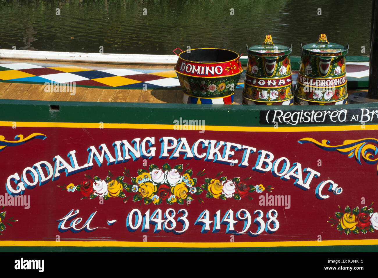 Close-up of the colourful horse-drawn barge, Iona, on the River Wey at Godalming in Surrey, UK Stock Photo