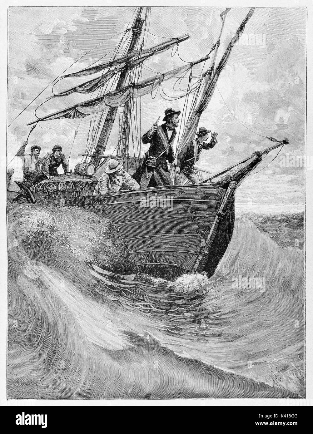 People on an ancient small vessel on the rough sea. Italian patriot Rosolino Pilo (1820 - 1860) on board of the Paranza. By E. Matania published on Garibaldi e i Suoi Tempi Milan Italy 1884 Stock Photo