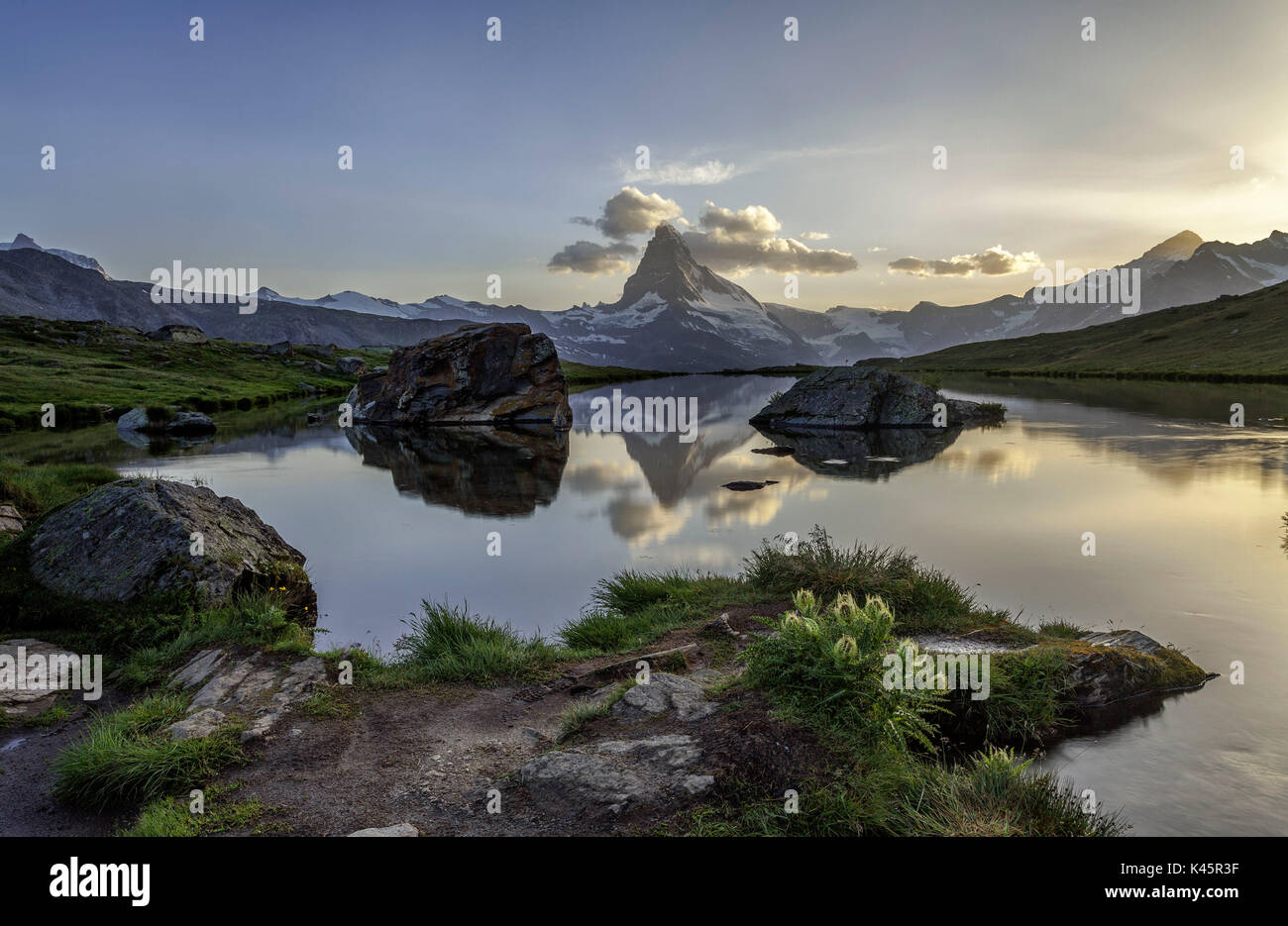 Golden hour, lake Stellisee, reflection, Matterhorn ,zermatt, valais, Switzerland Stock Photo