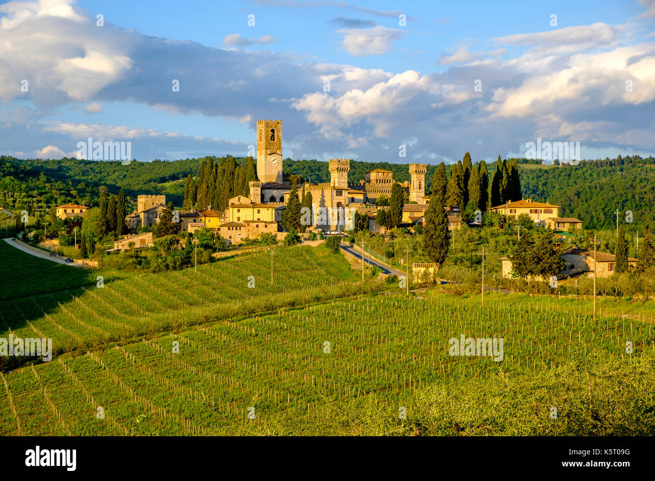 The stone houses of the small village and the Abbazia (Abbey), monastery, are located between large vineyards in Chianti Stock Photo