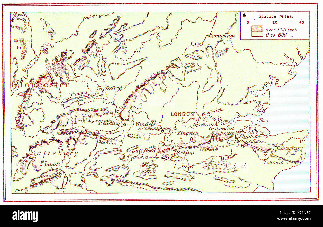 A 1914 vintage colour map of the Thames Basin, UK Stock Photo