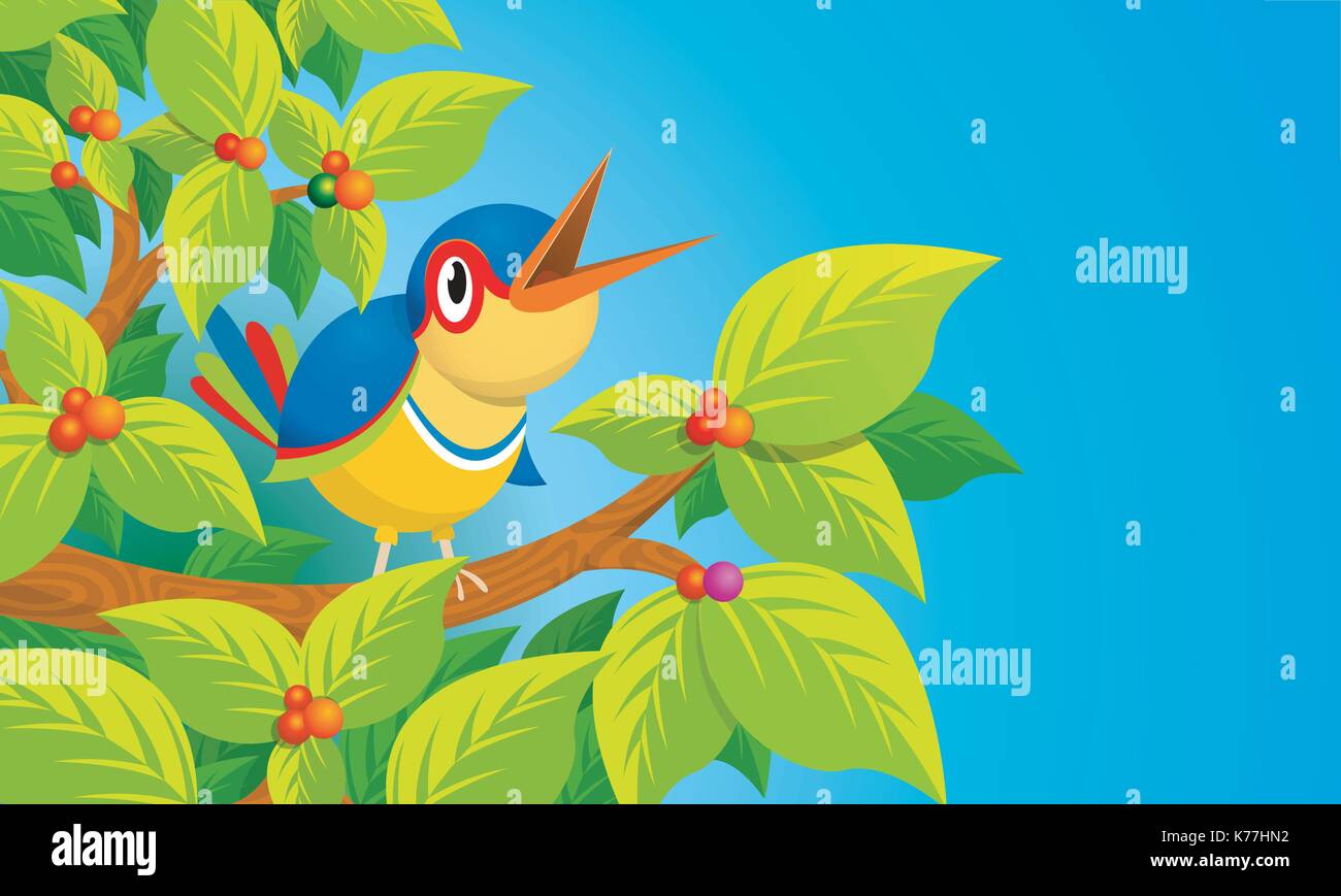 Lone colorful bird singing on the branch of a tree on blue background - Vector image Stock Vector