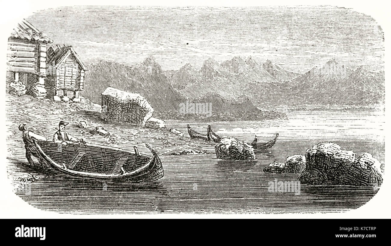 Old illustration of men landing a boat in Bjorkholmen, Sweden. By unidentified author, publ. on Le Tour du Monde, Paris, 1862 Stock Photo