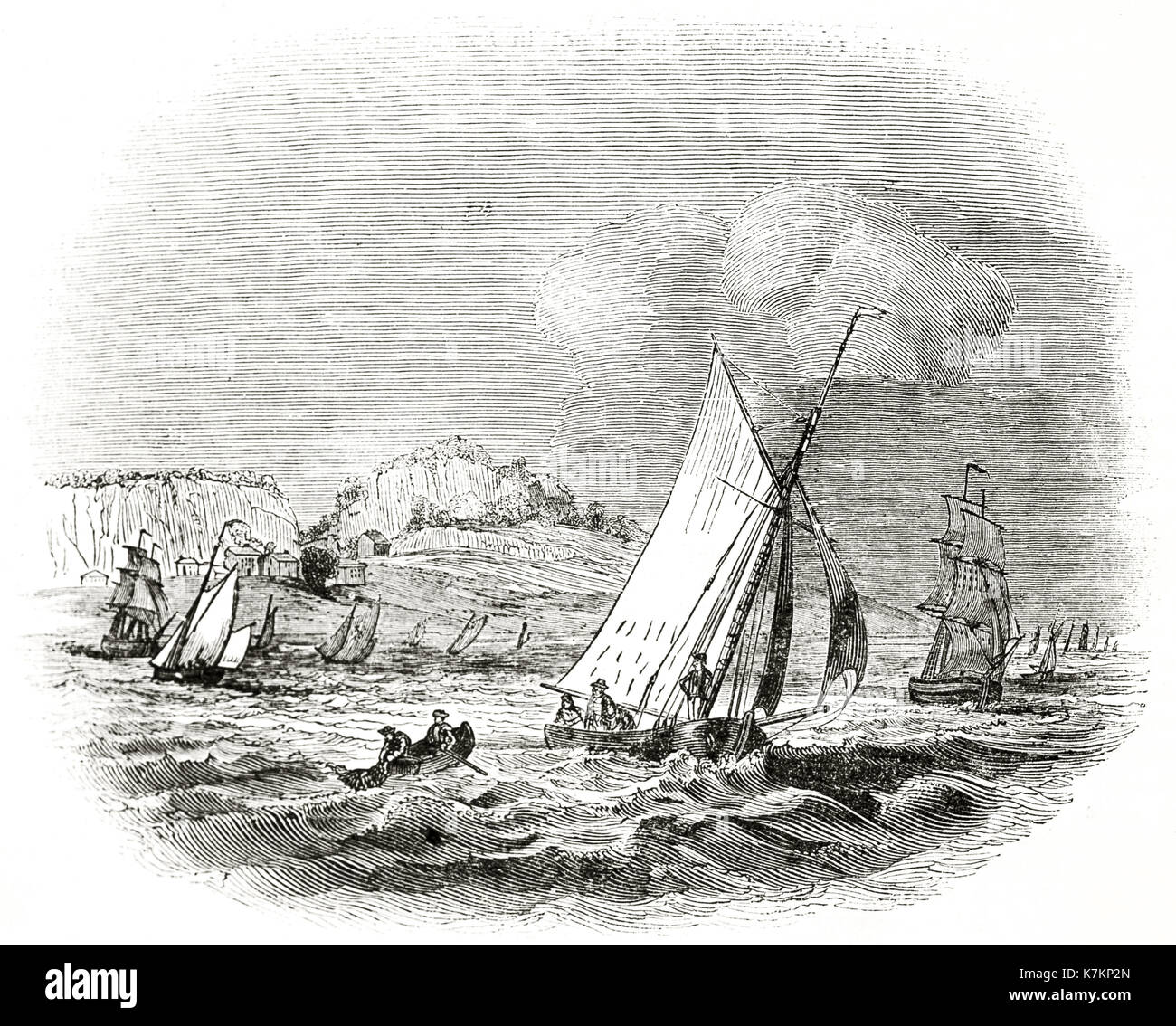 Old illustration of a Spray boat fishing on Thames river near Purfleet. By unidentified author, publ. on The Penny Magazine, London, 1837 Stock Photo