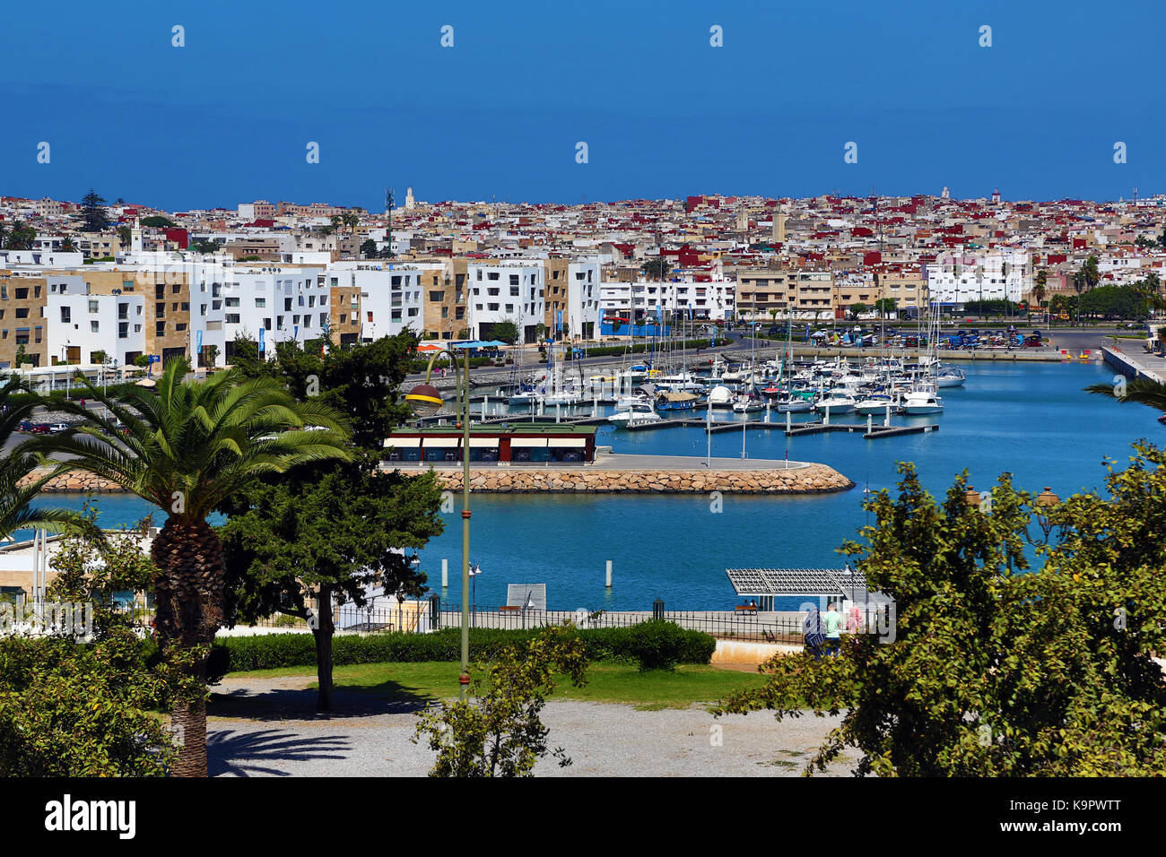 View towards the Sale district of Rabat and the harbour across the Bou Regreg River in Morocco Stock Photo