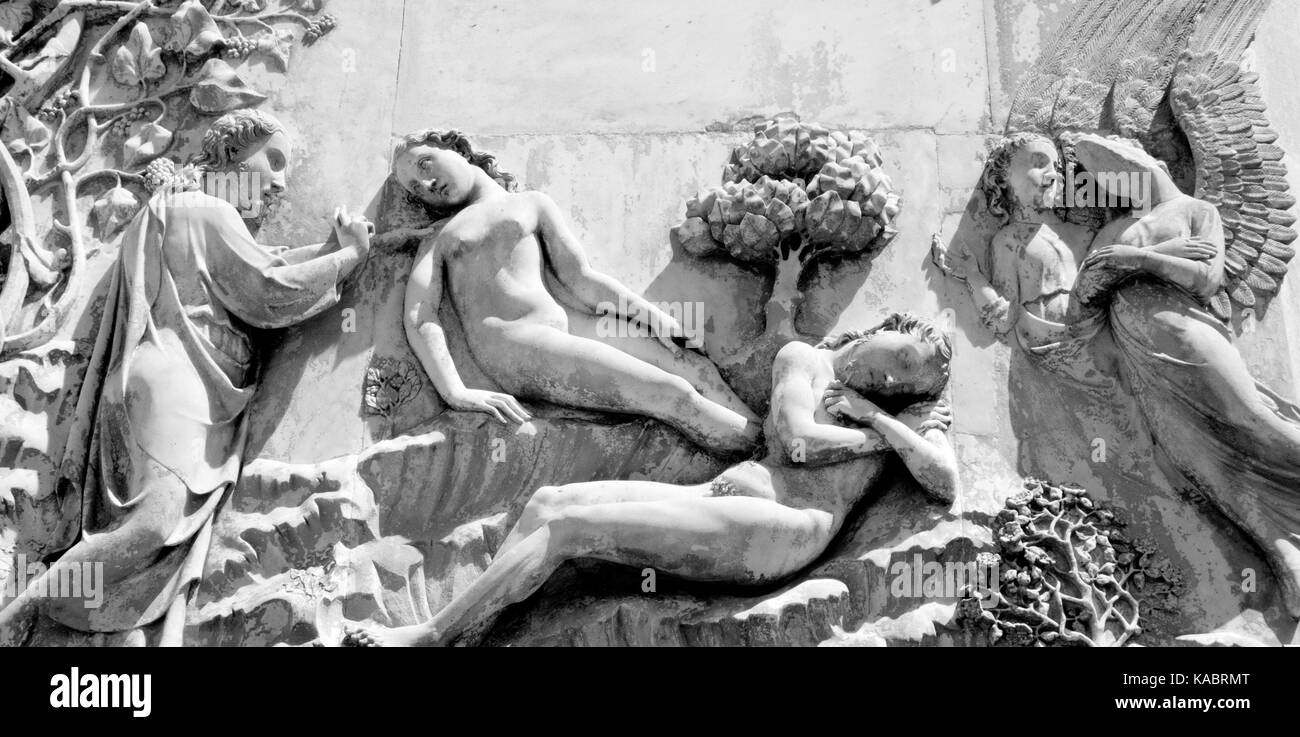 Bas relief of creation of Eve in the Duomo of Orvieto, Italy, 2017. Stock Photo