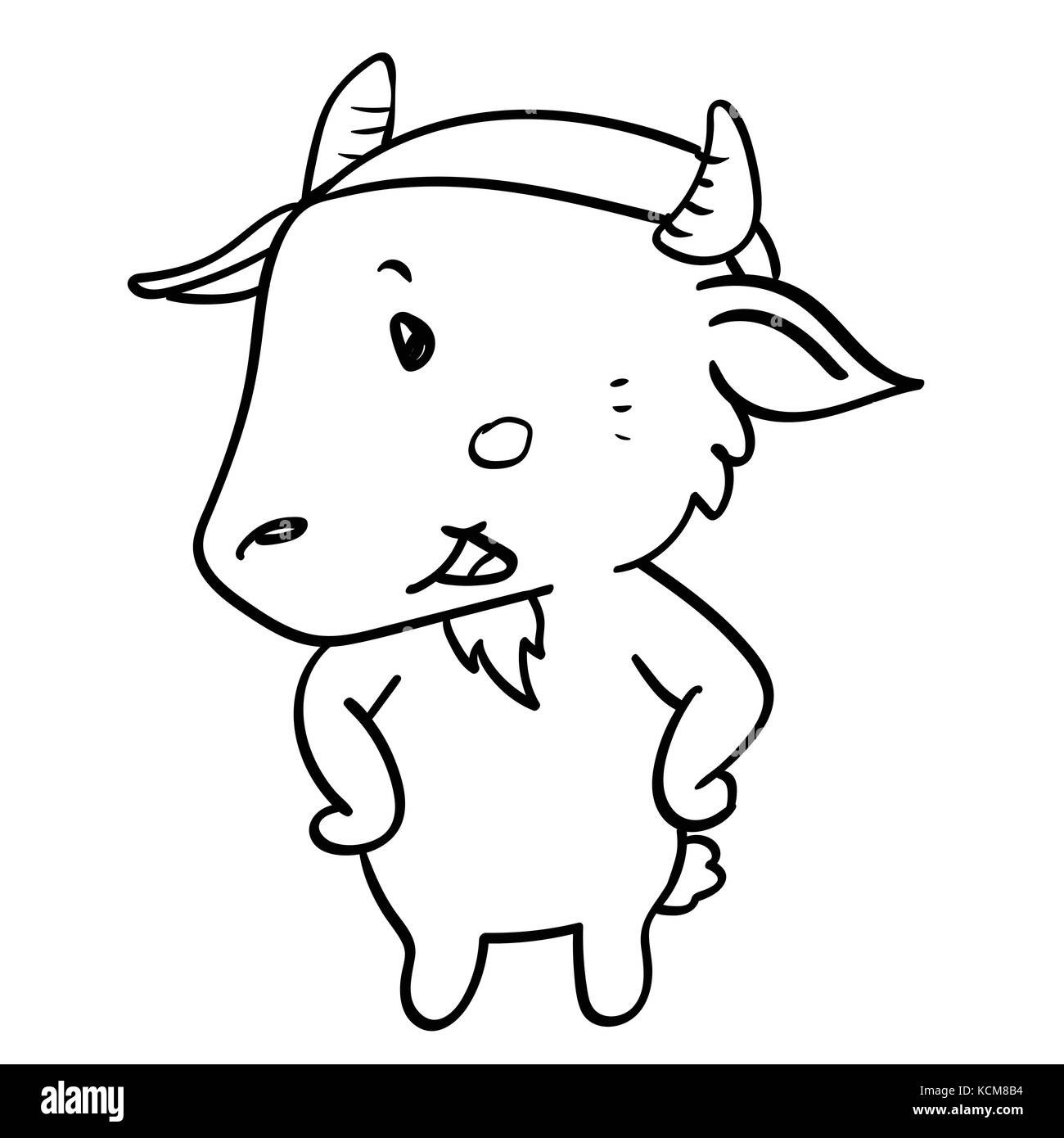 Hand drawing of standing Goat Cartoon isolated on white background. Black and White simple line Vector Illustration for Coloring Book - Line Drawn Vec Stock Vector