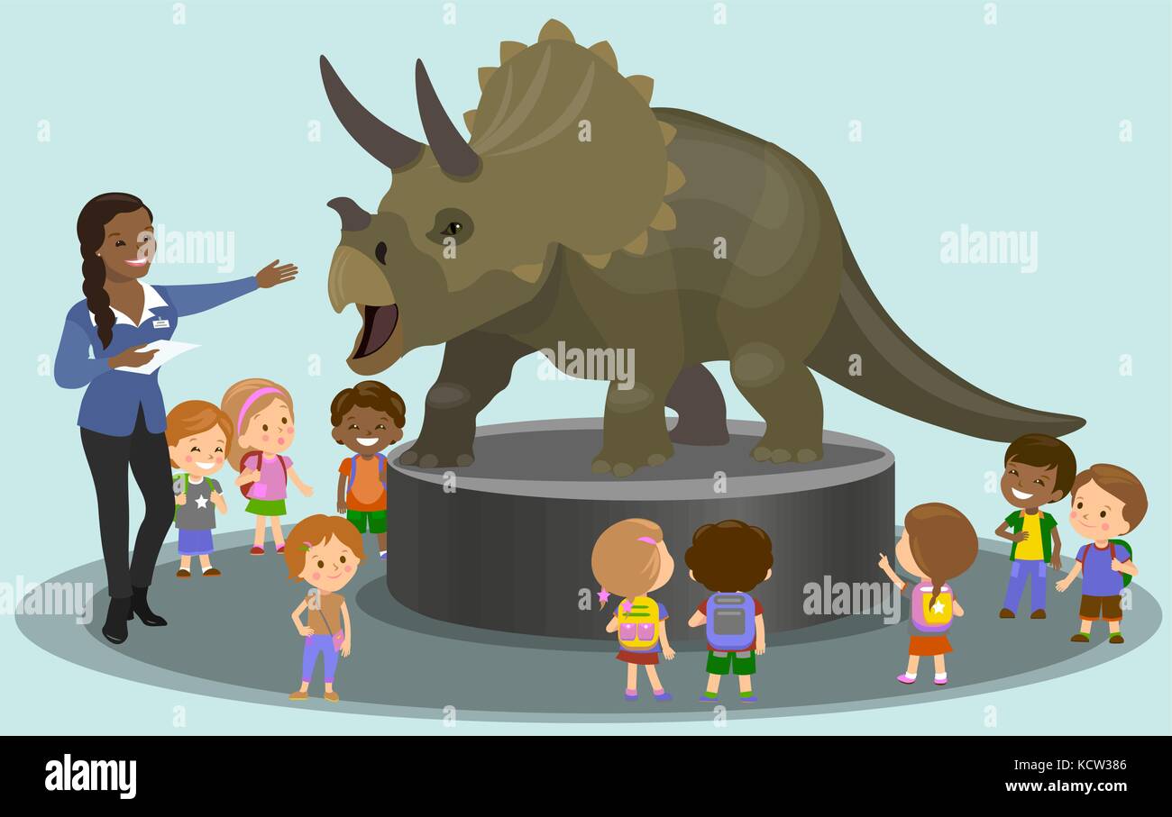 Students in the paleontological museum looking at dinosaur. Vector illustration Stock Vector