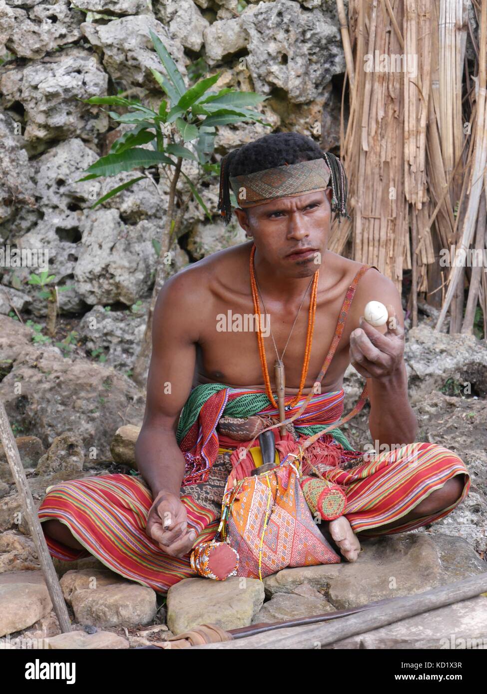 Warrior of former headhunting None tribe, West Timor, Indonesia in hand-woven ikat clothes and beaded betel nut holders holding egg to predict victory Stock Photo