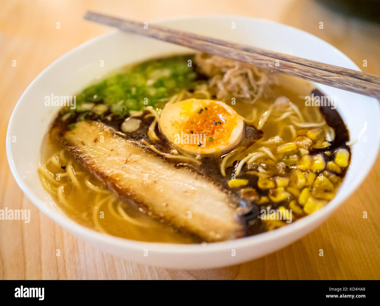 Japanese ramen noodles (prairie pork shio) from the Prairie Noodle Shop in Edmonton, Alberta, Canada. Stock Photo