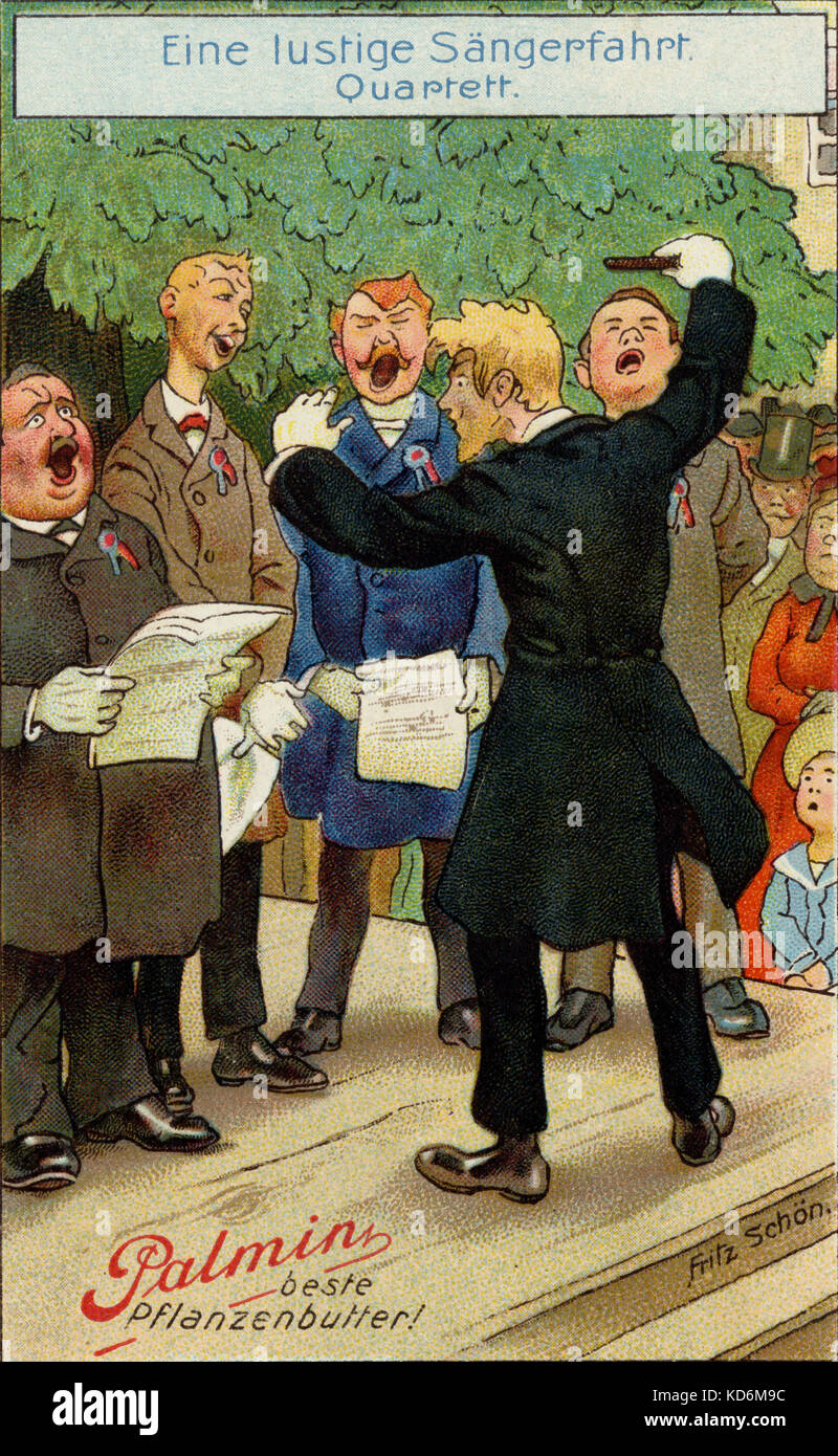 Barbershop quartet being conducted in front of an audience. Drawing by Fritz Schon. German caption reads: 'Eine lustige Sangerfahrt. Quartett.' Card advertising 'Palmin - beste Pflanzenbutter!' German cooking product Stock Photo