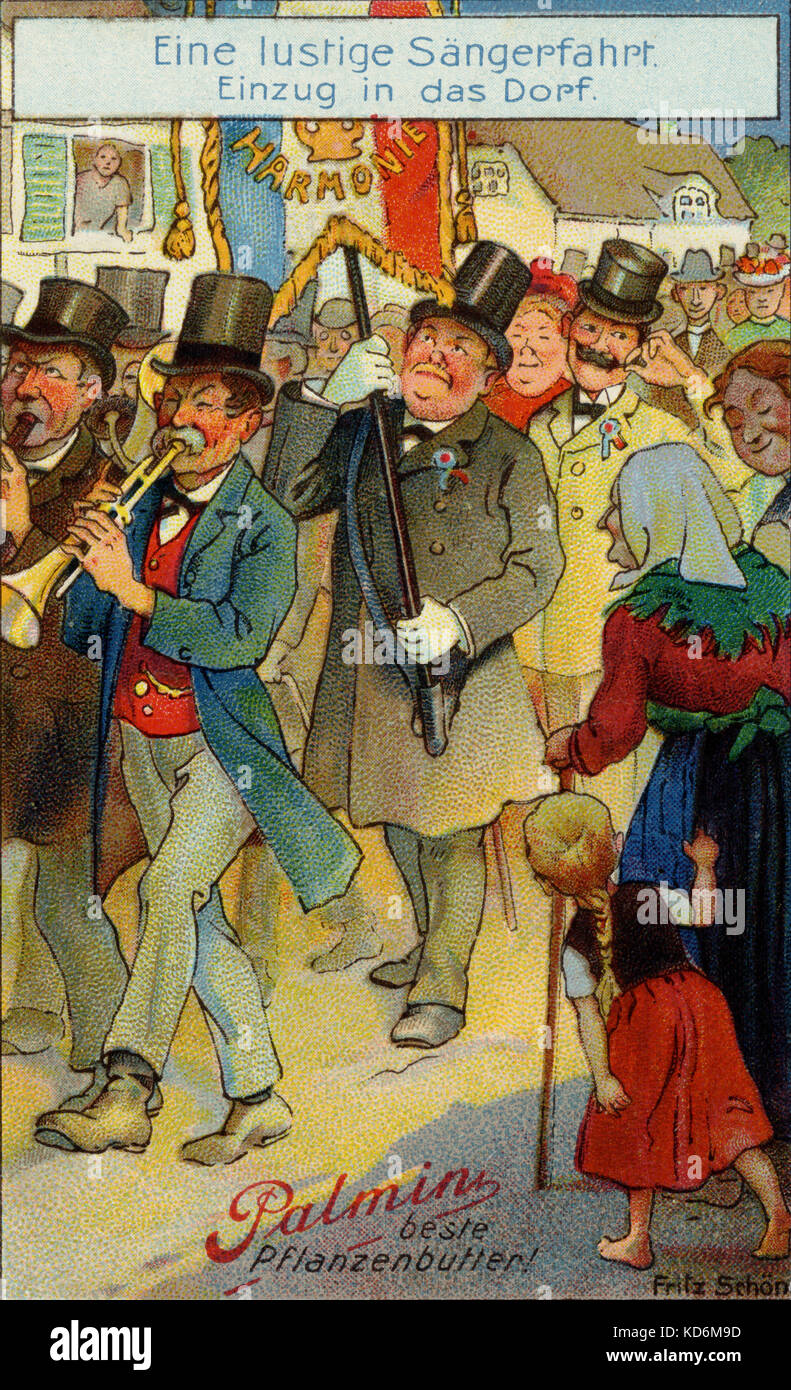 Band of musicians in procession. Street scene. Amusing German illustration. Drawn by Fritz Schon. German caption reads: 'Eine lustige Sangerfahrt. Einzug in das Dorf' Card advertising 'Palmin - beste Pflanzenbutter!' German cooking product Stock Photo