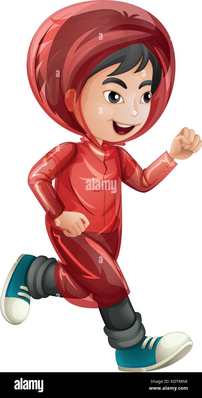 Boy in red raincoat running illustration Stock Vector