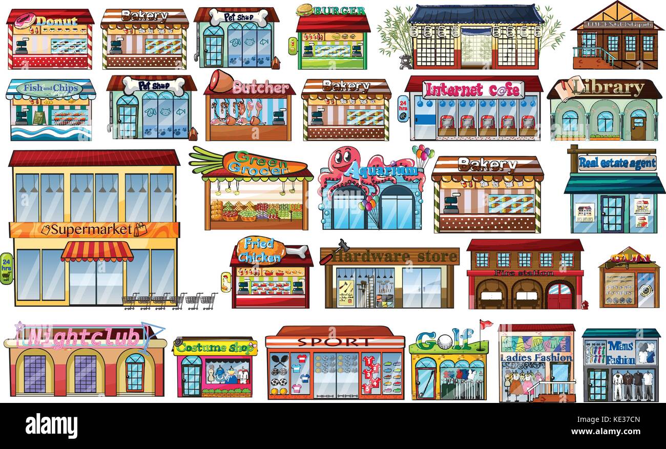 Different shops and buildings illustration Stock Vector