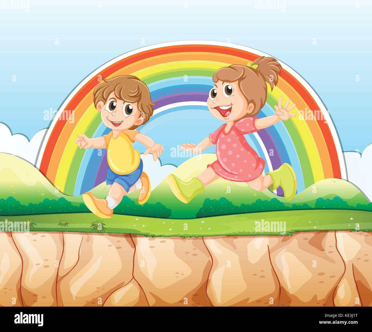 Boy and girl running on the cliff illustration Stock Vector