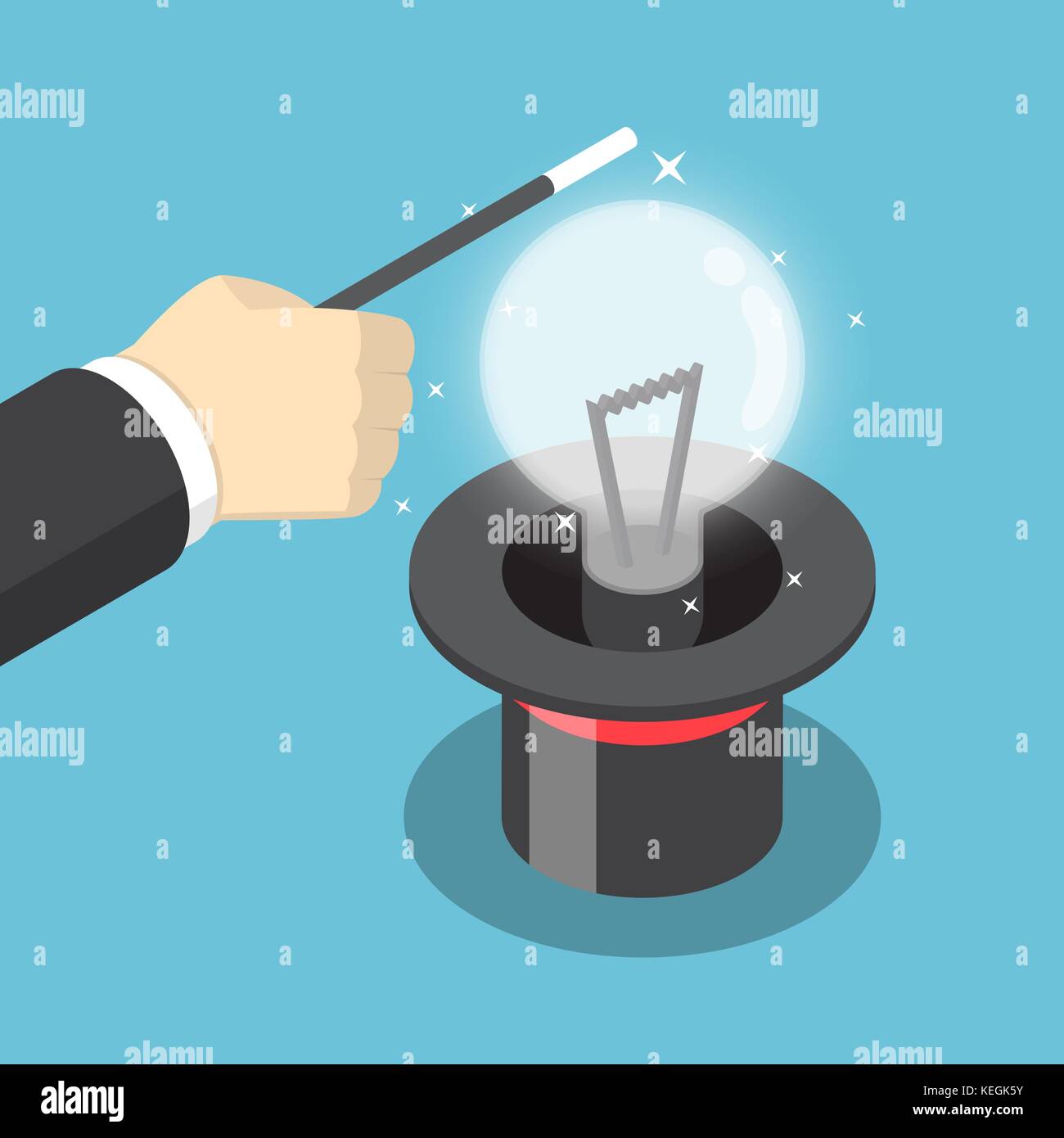 Isometric businessman hand use a magic trick to make light bulbs of idea from hat. Idea concept. Stock Vector