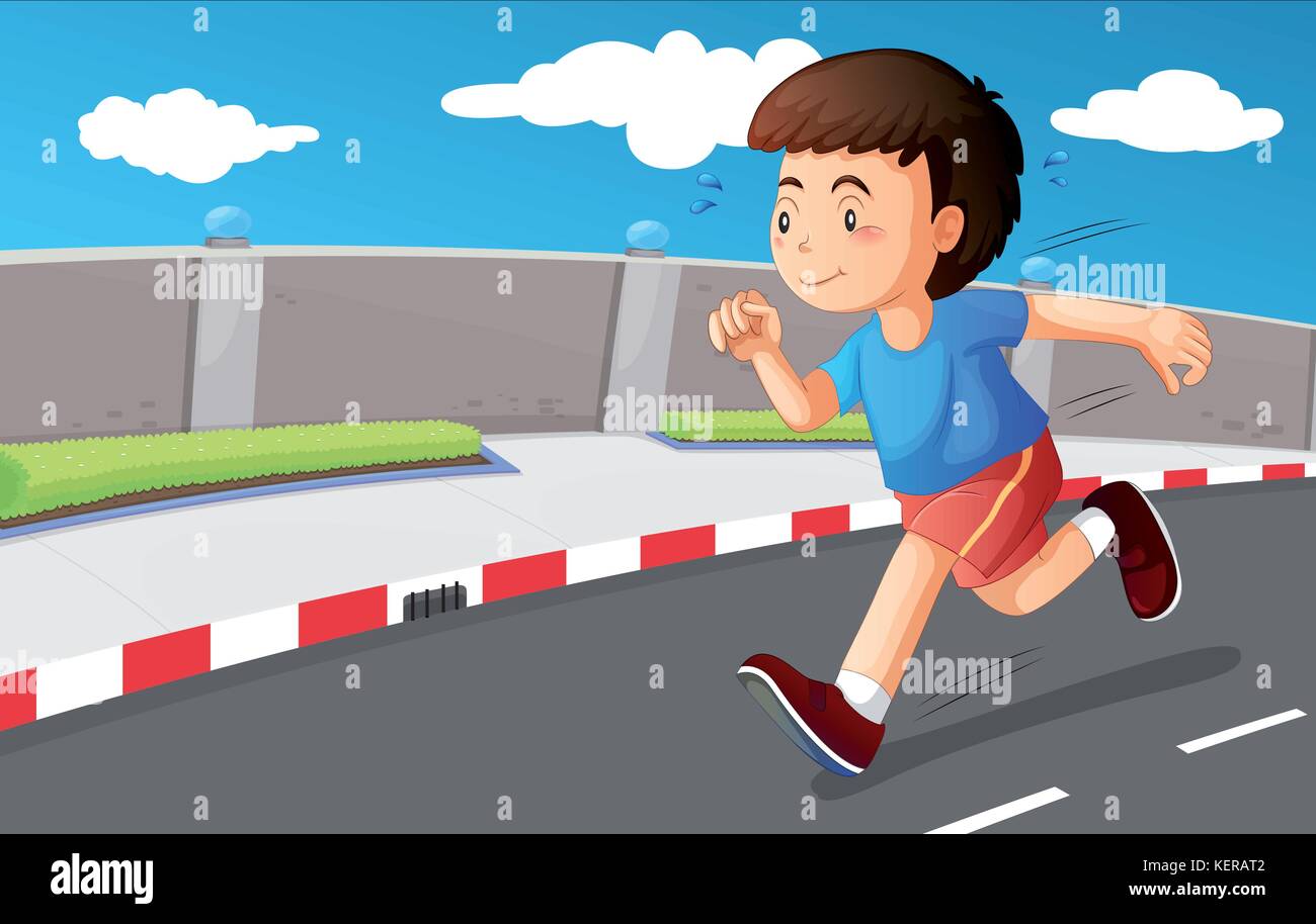 Illustration of a young boy running at the street Stock Vector