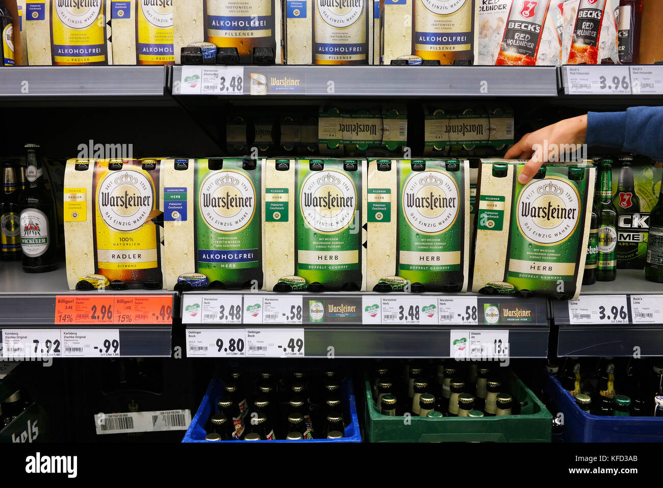 Warsteiner Herb six-pack beer in a store Stock Photo