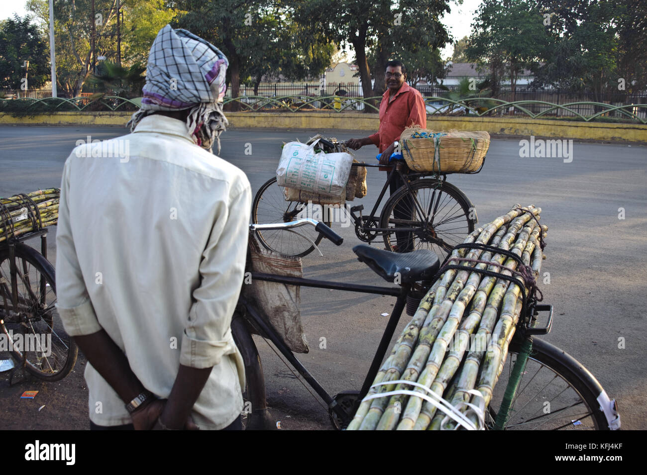 Two street vendors are talking together. One is selling sugarcanes; the other one is selling vegetables ( Raipur, India) Stock Photo