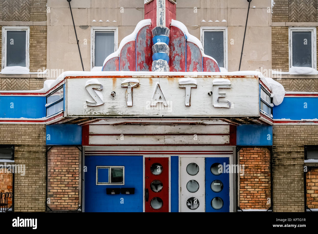 Old Historic State Theater marquee on Sheridan Street in Ely, Minnesota, USA Stock Photo