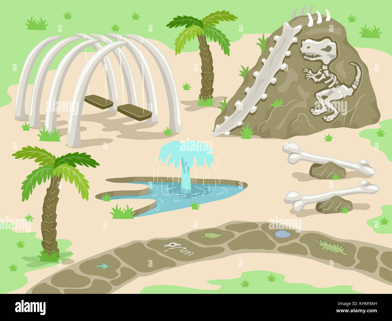 Illustration of a Fantasy Prehistoric Theme Park with Attractions Built with Dinosaur Bones Stock Photo